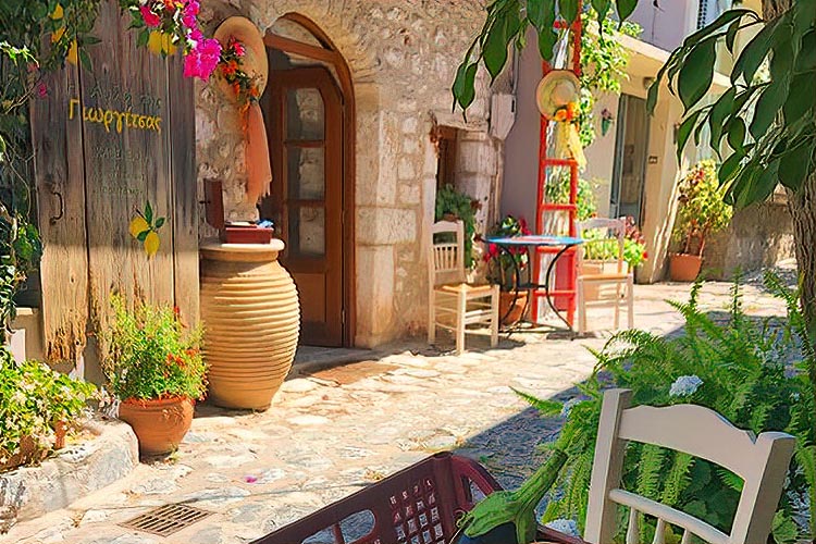 Scenic view of a traditional Greek village setting at Yioryitsas Backyard in Kardamyli, Greece